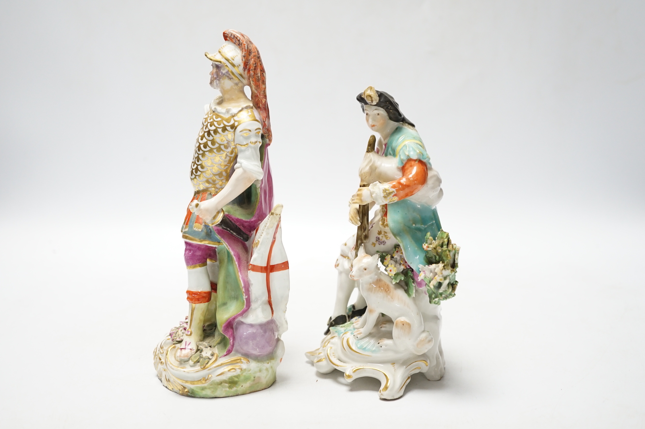 A Chelsea Gold Anchor figure of Mars, c.1760-5, and a Derby figure of a bagpiper, c.1765-70, 20cm (2)